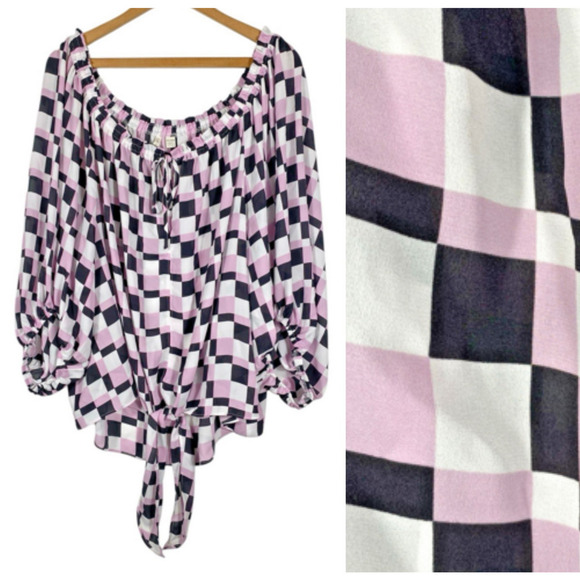 Cato 26/28W Blouse Top Shirt Check Print Chiffon Tie Front Purple Black White - Picture 1 of 11